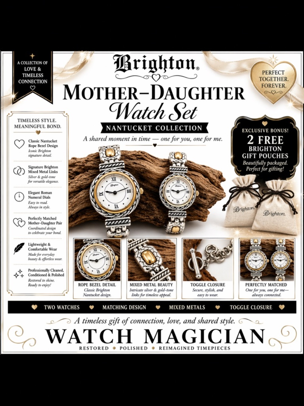 Brighton Nantucket Mother/Daughter Watch Set Silver/Gold Rope Matching Pair